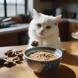 a white cat eating from a bowl full of oats