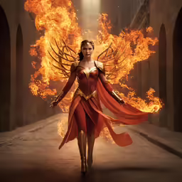 woman in costume on fire with wings in the air