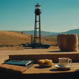 a small light house near a stone structure with two plates of food