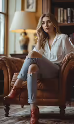 a woman is sitting on the couch near a book case