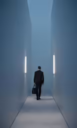 a man in a suit is walking down a runway with two bags