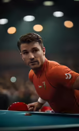 a man in an orange shirt holding a red table tennis ball
