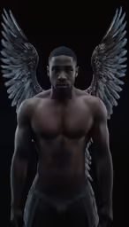a shirtless man in underwear with angel wings on his chest