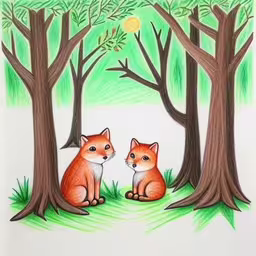 two orange foxes sitting next to each other in a forest