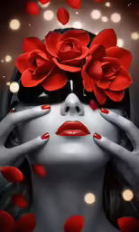a woman with lipstick and flowers on her head