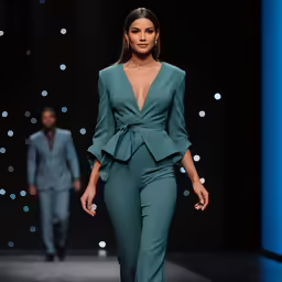 a model in a teal jumpsuit on the runway