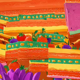 an artistic painting of fruit being sliced and stacked on colorful squares,a bunch of different colored food sitting in the grass