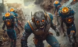 a group of alien humanoids with yellow eyes and helmets