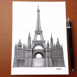 a pen drawing of the eiffel tower and buildings,a drawing of the eiffel tower in paris, france