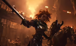 a woman in armor with a sword