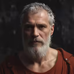 a man with white hair and a beard stares into the camera