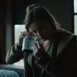 a girl drinks from a cup on her couch