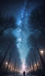 the person is walking on a road surrounded by trees