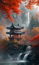 a pagoda on top of a waterfall