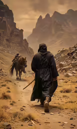 a person walking down a dirt road holding a stick