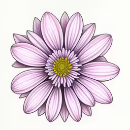 a drawing of a pink flower,a large flower with purple petals on it,this is an image of a drawing of a flower,a drawing of a daisy flower with purple petals,a purple and white flower with a yellow center