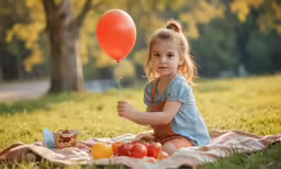 little girl holding a red balloon sitting on a blanket on the grass