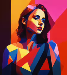 an image of a woman with dark hair,the face of a woman is displayed in colorful graphics