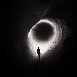 a person standing in a dark tunnel filled with water