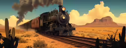 a painting of a train driving in the desert