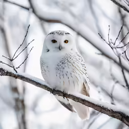 an owl sitting on a branch in winter