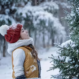 a girl standing in the snow, wearing a red beanie