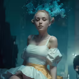 young woman in dress smoking cigarette on floor