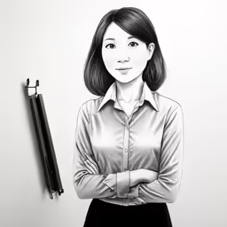 a drawing of a woman with a pen on the wall