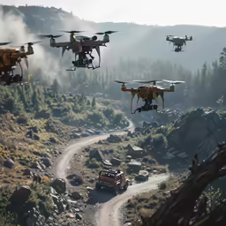 a group of four small helicopters flying over a road