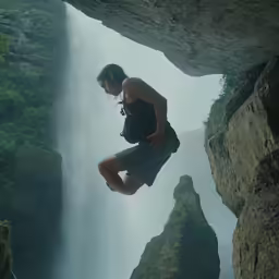 a person jumping up into the air from a waterfall