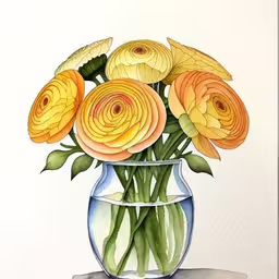 an arrangement of flowers in a vase painted with watercolor,some flowers are in a vase with water