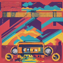 an orange boombox with an old school style,the boombox and speakers are sitting on the wall