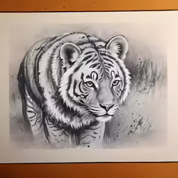 black and white tiger painting on paper in wooden frame