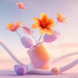an orange and pink vase with flowers on it