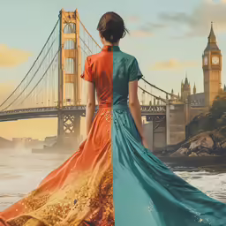 the girl in the long dress is looking at the tower bridge