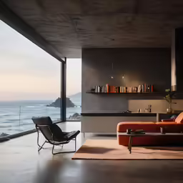a living room filled with furniture next to the ocean
