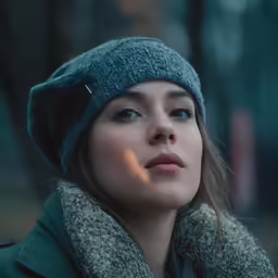 a girl wearing a blue hat with a light behind her