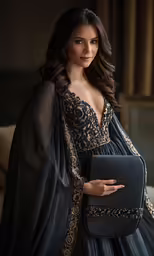 a woman with an elegant black and gold dress