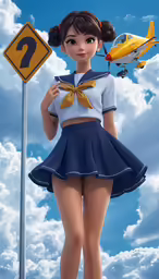 a drawing of a young girl standing next to a flying plane