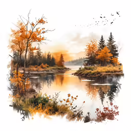 a painting of autumn trees, leaves and water with sky