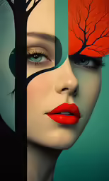 a woman wearing red lipstick is posing in front of two trees
