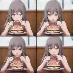 a group of pictures showing a woman holding onto two donuts