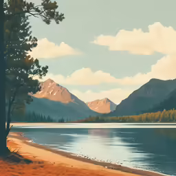 a painting of a forest, lake, mountain and clouds