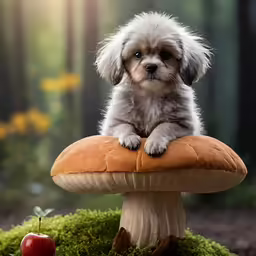 a little dog sitting on top of a mushroom