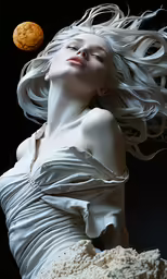 a white woman wearing a white dress with her hair flying up