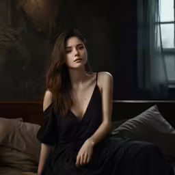 a beautiful woman sitting on a bed in a dark room