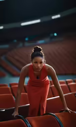 a woman in a red dress standing on an empty auditorium