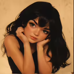 a girl with dark hair and a black dress sits down