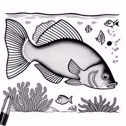 an aquarium drawing with black and white lines,a fish in an aquarium with corals and other animals,a fish in an aquarium coloring page,a black and white drawing of a fish,a fish swimming over corals and seaweed