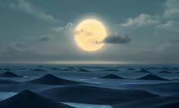 a bright moon in the sky over large expanses of water